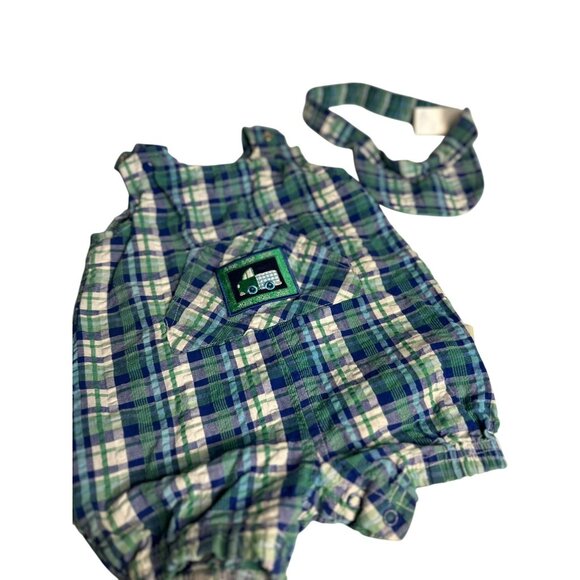 VTG Little-Me Plaid Bubble Romper & Bib Pocket | Embroidered Truck Blue Green - Picture 3 of 8